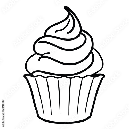 A simple line drawing of a cupcake with a swirled frosting top. The cupcake has a fluted paper liner, giving it a classic dessert appearance. The frosting is detailed with smooth curves 