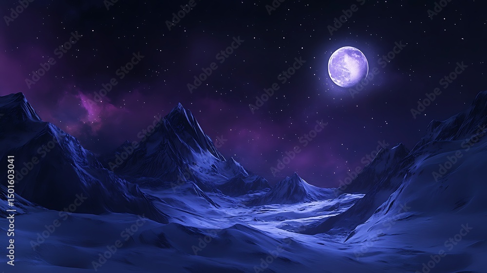 Fototapeta premium Mystical winter mountain landscape illuminated by bright glowing full moon starry night sky image