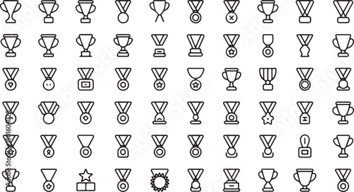 Collection of award icons featuring trophy cups medals and victory signs in a modern minimal outline style ideal for competition celebration graphics