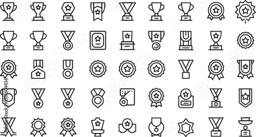 Minimalist trophy and medal icon set representing award ceremony and victory celebration in a clean and editable stroke design for professional use