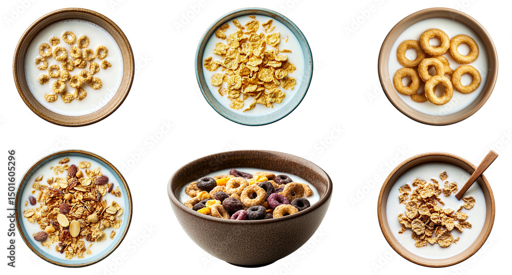 Set of Cereal Bowl with Milk and Candied Fruit Isolated on Transparent Background, PNG, Cutout Set of Cereal Bowl with Milk and Candied Fruit Isolated on Transparent Background, PNG, Cutout