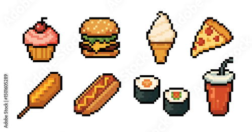 Fast Food Icons Set with Snacks and Sweets in Pixel Art style. Pixel food icon set with fast food and sweets including burger, pizza, soda, ice cream, cupcake, sushi, and hot dog. vector illustration