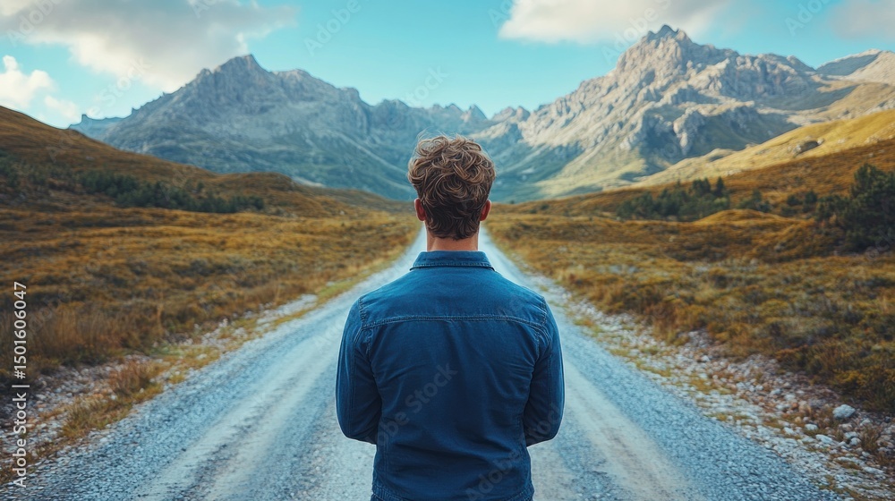 Naklejka premium Man on road to mountains