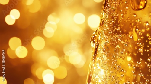 Golden, bubbly liquid in a glass against a bokeh background