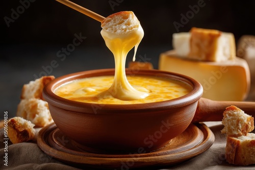 Delicious creamy cheese fondue with crusty bread