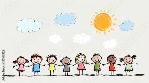 Multiethnic Children Holding Hands in Unity - Playful Sun & Cloud Motifs with Vibrant Attire for Childhood Friendship Concept Art