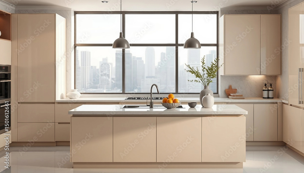 Fototapeta premium Modern kitchen with island. Light cabinet fronts. Kitchen utensils. Light kitchen interior with large windows