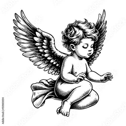 flying baby angel engraving black and white outline. Scratch board imitation.