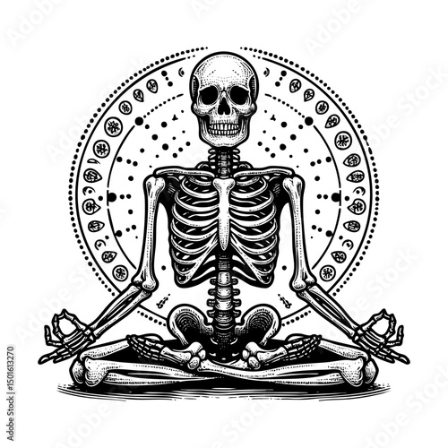Skeleton yoga doing lotus pose engraving black and white outline. Scratch board imitation. illustrated in vintage line art style on a white background.