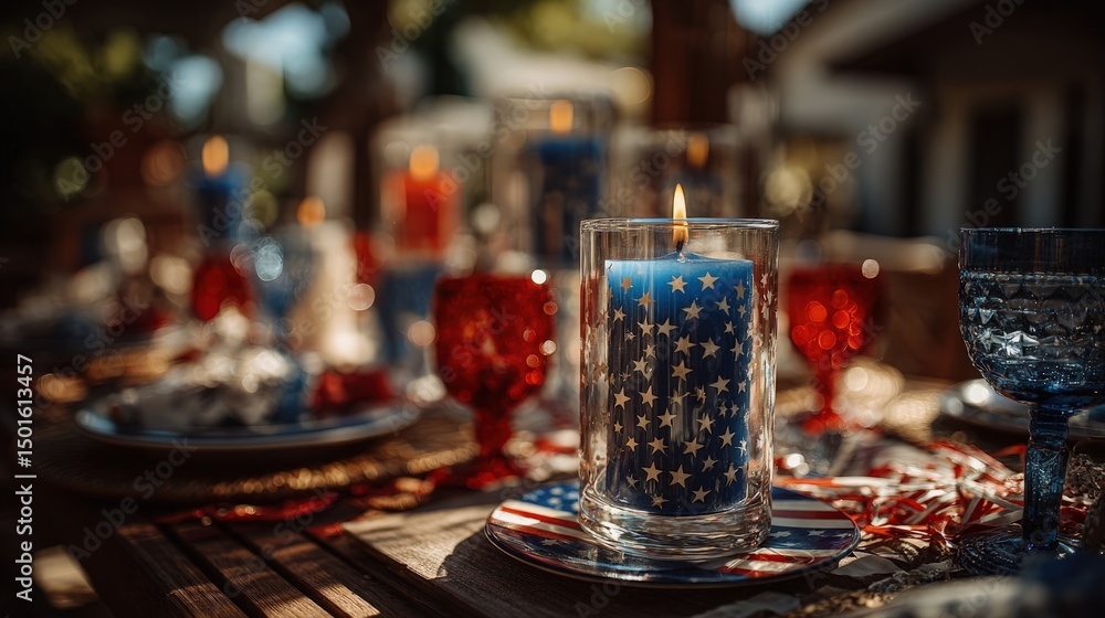 Patriotic outdoor table setting candle display Patriotic outdoor table setting candle display