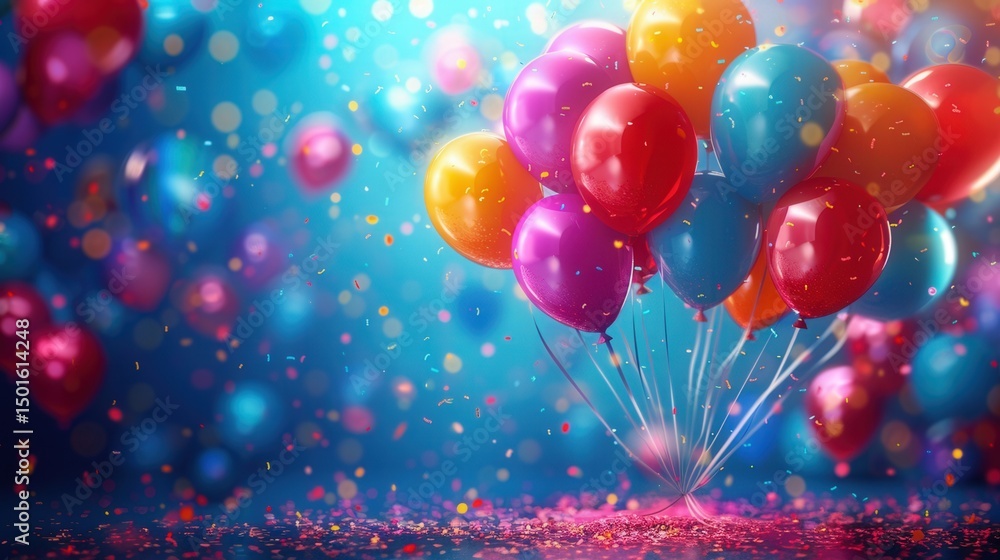 A cheerful gathering of colorful balloons against a blue backdrop, celebrating joy and happiness. A cheerful gathering of colorful balloons against a blue backdrop, celebrating joy and happiness.