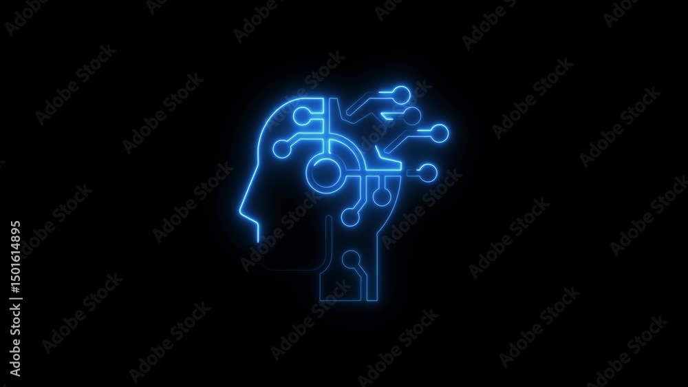 Animated neon outline of a brain with artificial intelligence technology circuitry Animated neon outline of a brain with artificial intelligence technology circuitry