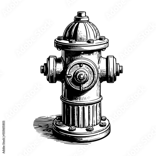 Water hydrant engraving black and white outline. Scratch board imitation.  illustrated in vintage line art style on a white background.