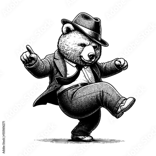 Bear wear suit dancing sketch engraving black and white outline. Scratch board imitation.  illustrated in vintage line art style on a white background.