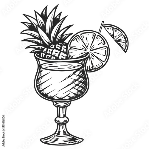 Cocktail with Lemon and pineapple Garnish – Black and White Art
