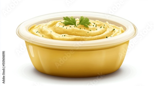 hummus in a plastic bowl on white background