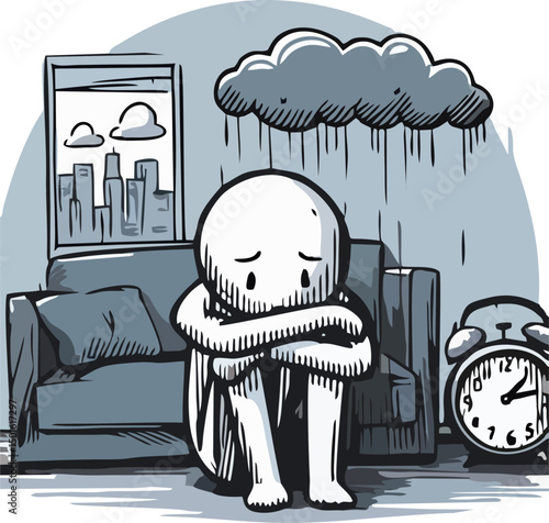 Vector cartoon stick figure drawing conceptual illustration of sad or depressed man siting alone