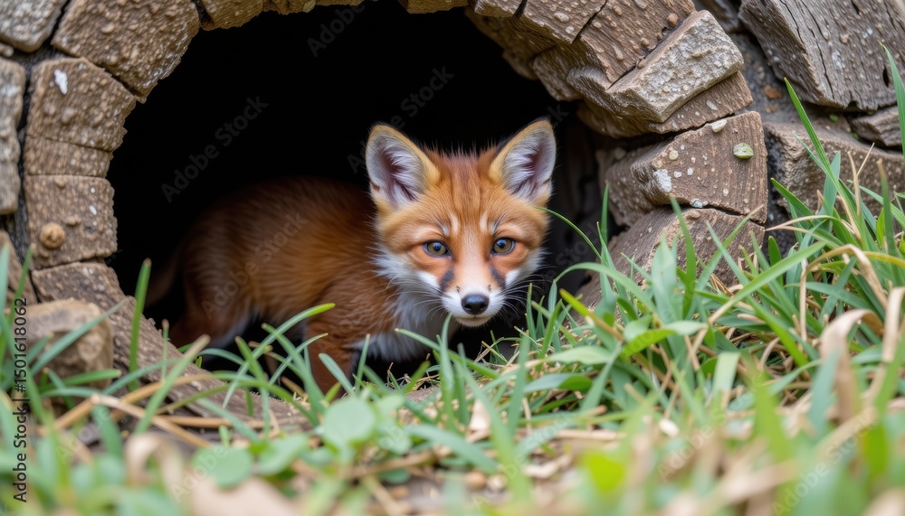Fox peeking out from a hollow log in grassy surroundings. Fox peeking out from a hollow log in grassy surroundings.