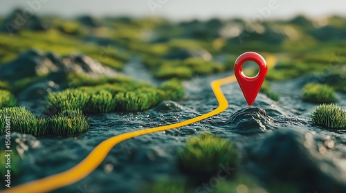 A  red map marker on a winding path through a grassy landscape.