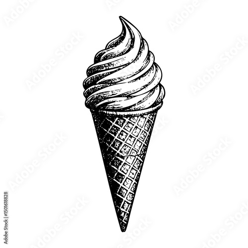 Ice cream cone sketch engraving black and white outline. Scratch board imitation.  illustrated in vintage line art style on a white background.