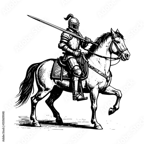 Knight ride horse sketch engraving black and white outline. Scratch board imitation.