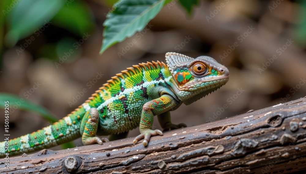 Fototapeta premium Colorful chameleon perched on a branch amidst foliage.