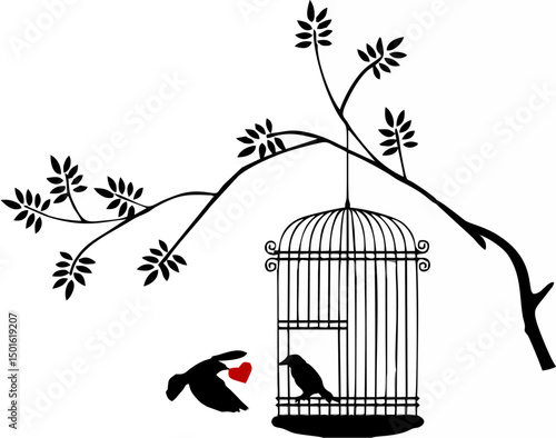 Elegant Bird in Cage Silhouet...