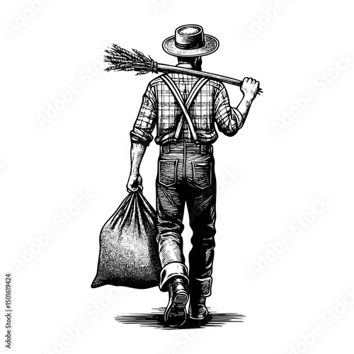 farmer harvesting wheat engraving black and white outline. Scratch board imitation.