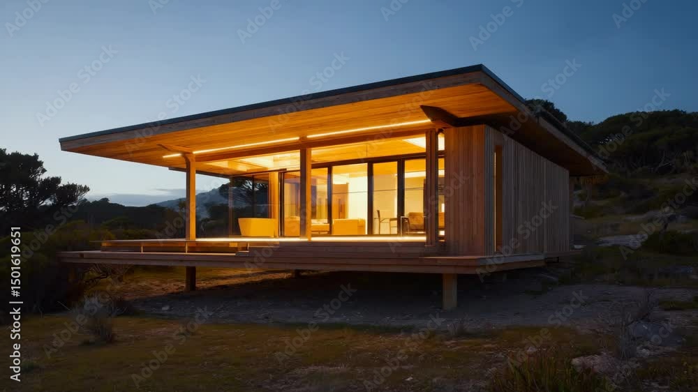A cabin with modern design in a natural landscape. A cabin with modern design in a natural landscape.