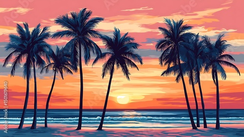 Colorful sunset over a tropical beach with palm trees.