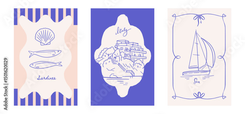 Vintage posters set inspired by Italy featuring sardines fish, coastal line, retro yacht. Mediterranean food, culture, and travel themed graphic. Vector linear illustration.