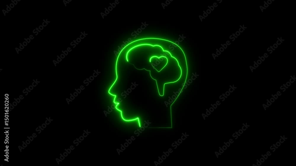 Glowing green neon silhouette depicting a brain with a heart symbol on a black background Glowing green neon silhouette depicting a brain with a heart symbol on a black background