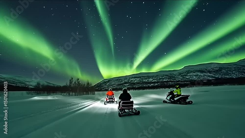 Snowmobiles traversing a snowy landscape under vibrant northern lights in a serene winter setting