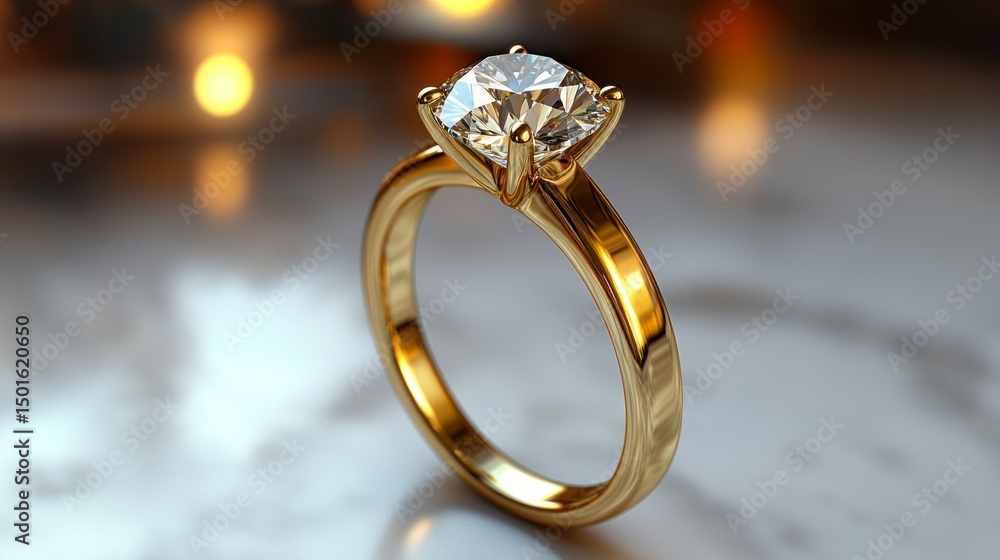 A golden solitaire ring with a sparkling diamond, close-up shot A golden solitaire ring with a sparkling diamond, close-up shot