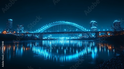 minimalist glowing Skydance Bridge Oklahoma City night clear sky gentle water reflection simple elegant composition