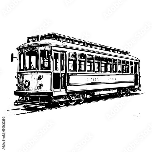 Retro tram sketch engraving black and white outline. Scratch board imitation.  illustrated in vintage line art style on a white background.