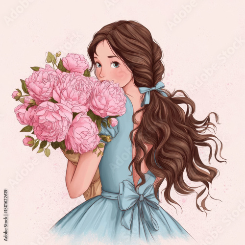 A girl with long brown hair tied in a bow stands gracefully while holding a large bouquet of pink peonies. She looks slightly over her shoulder, creating a captivating moment