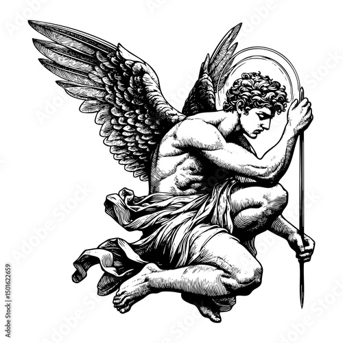 flying angel engraving black and white outline. Scratch board imitation.