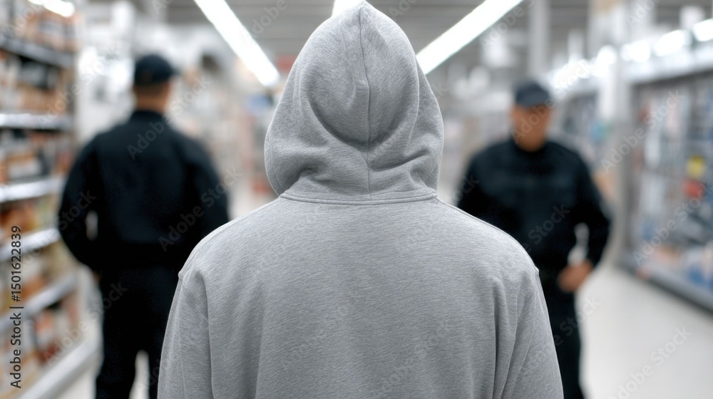A hooded figure walks through a store, two security guards trail closely behind, maintaining vigilance in the retail environment. A hooded figure walks through a store, two security guards trail closely behind, maintaining vigilance in the retail environment.