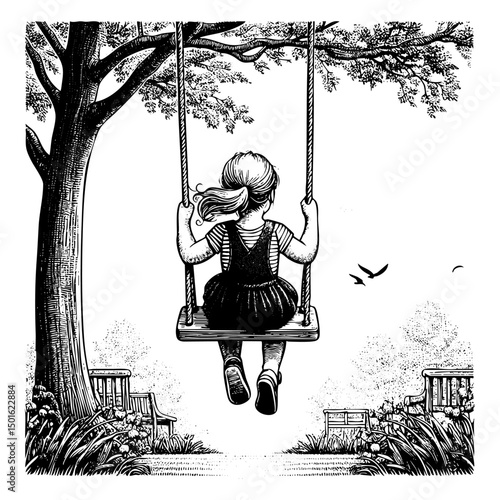 Girl playing swing in park engraving black and white outline. Scratch board imitation.  illustrated in vintage line art style on a white background.