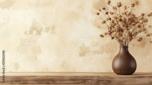 Vase with dried flowers on wooden table near beige wall minimal background