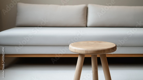 wooden table in front of grey settee in modern simple interior minimal design