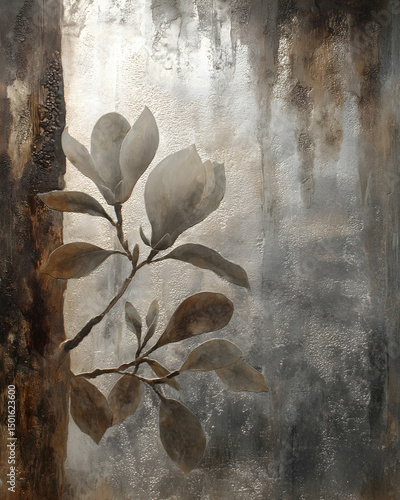 Elegant Magnolia Flowers and Leaves in a Brown and Silver Abstract Background