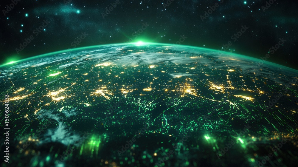 Obraz premium Earth at night from space showing city lights against a starry and dark backdrop.