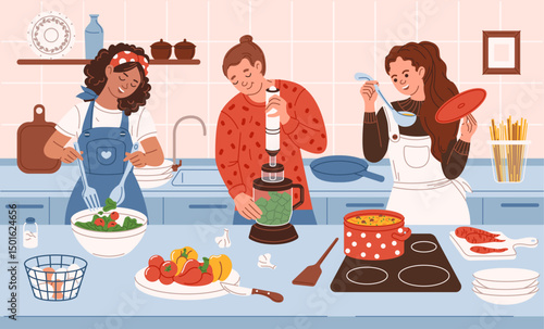 Smiling people cook food at home in the kitchen. Men and women prepare a variety of dishes for breakfast, lunch and dinner. Domestic life and family dinners. Vector illustration in the flat style