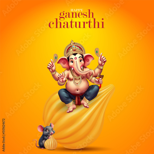 Happy Ganesh Chaturthi festival greeting card with cartoon Lord Ganesha sitting on modak sweet and mouse illustration on vibrant orange background Indian religious celebration