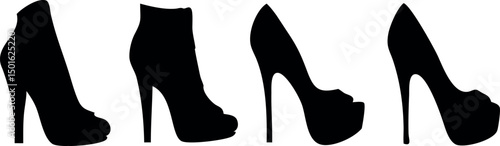 Elegant collection of black high heeled shoes and ankle boots isolated on white background silhouettes