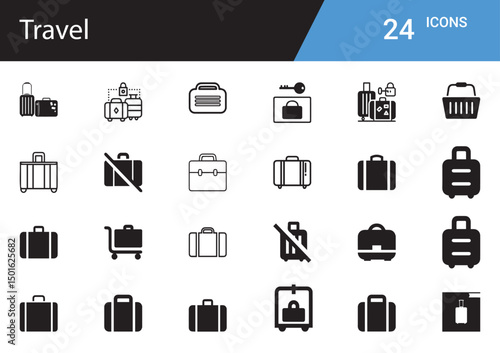 Travel Icon Set: A collection of black line icons representing various travel-related items, neatly arranged for use in web design, app development, and print media.