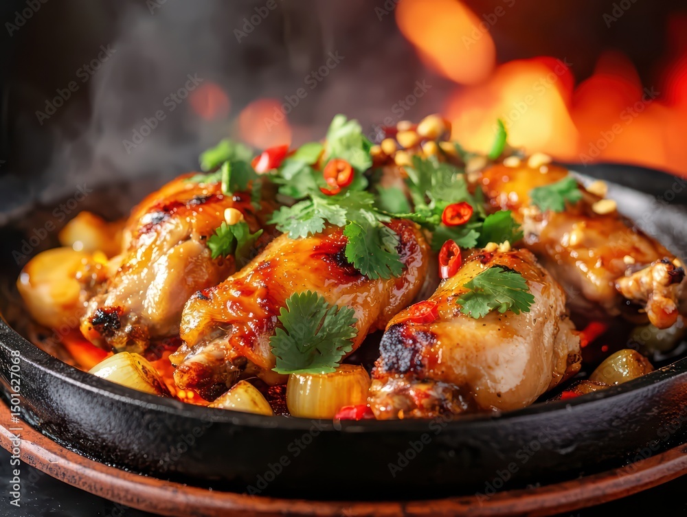 Sizzling Chicken Wings with Fresh Herbs and Spices on a Hot Plate Surrounded by Flames Sizzling Chicken Wings with Fresh Herbs and Spices on a Hot Plate Surrounded by Flames