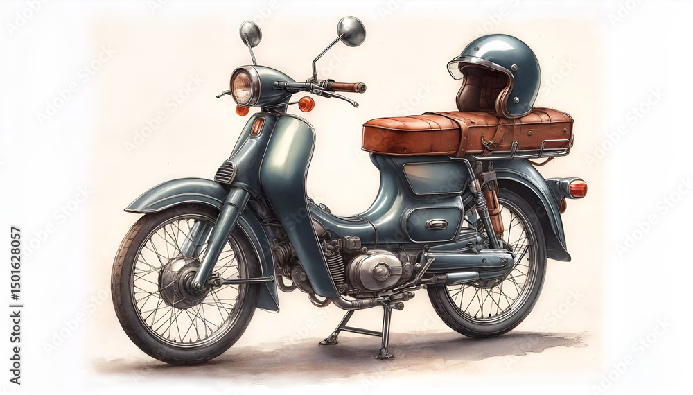 Fototapeta premium vintage motorcycle isolated on white. Two-wheeled vehicle. Illustration of a scooter with a helmet